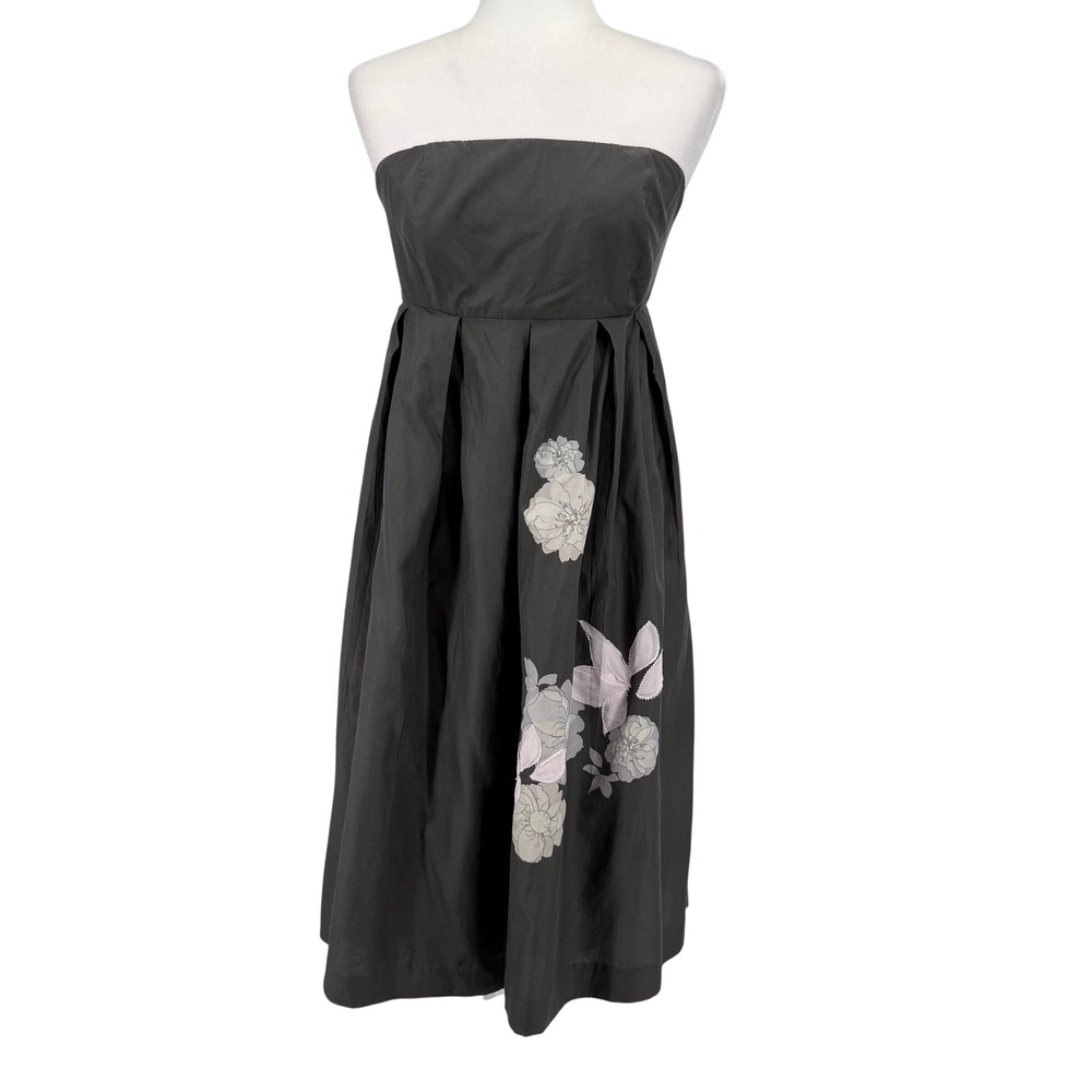 Gap Strapless Silk Blend Midi Dress Womens 6 Grey Floral Good Pleated Cocktail